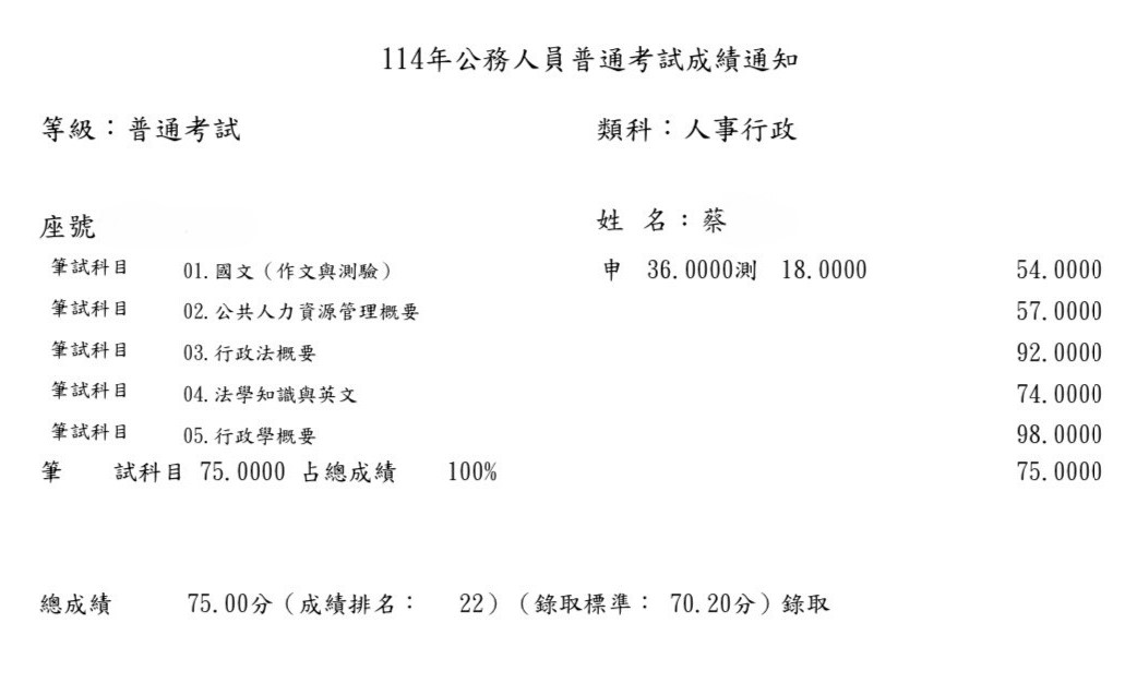 114普考人事行政-蔡OO