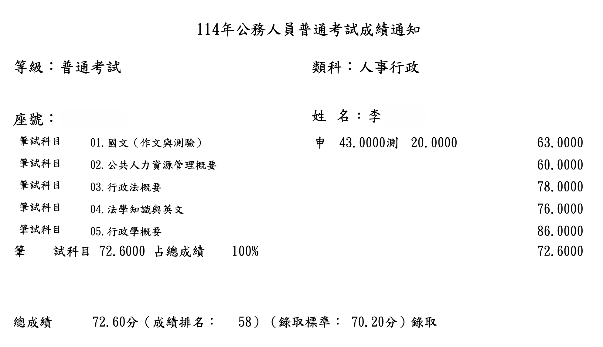 114普考人事行政_李OO